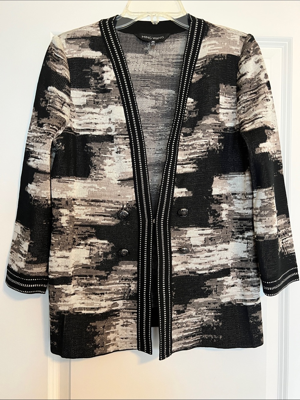 Ming Wang Black and Gray Open-Front Knit Cardigan Jacket